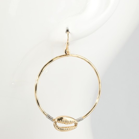 Gold Cowrie Shell Hoop Dangle Earrings - Picture 2 of 4